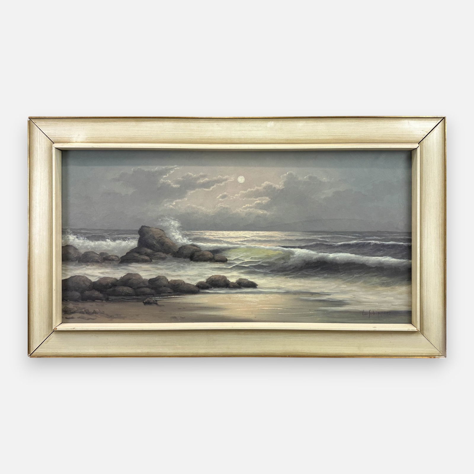 Cornelius Schippers Moonlight Rocky Beach Oil on Canvas Framed Seascape Painting (1 of 6)