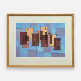 I. Hall 1985 Geometric Houses Pastel on Paper Framed Cubist Drawing