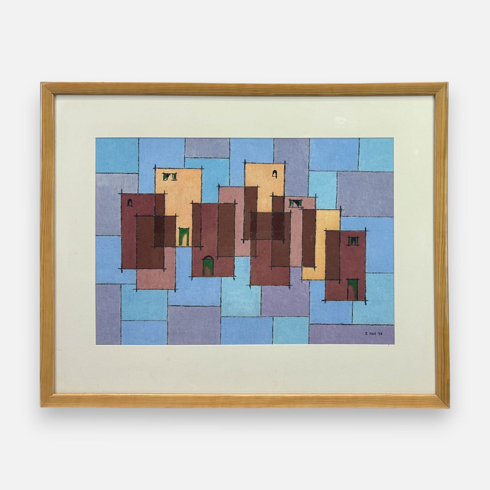 I. Hall 1985 Geometric Houses Pastel on Paper Framed Cubist Drawing: Ca. last quarter 20thC. Very good sight condition. Approx. sight size 14 1/4" x 20 1/4". Framed, matted, and sealed. Unexamined out of frame. Simple integrated shipping with LiveAuctioneers LiveShippi