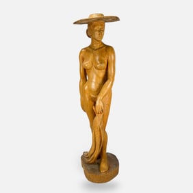 Standing Nude Woman w/Wide Brimmed Hat Life-Sized Statue Carved Wood Sculpture