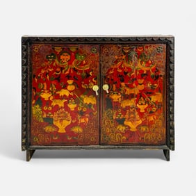 Antique Tibetan Carved and Painted Wood Offering Cabinet "Torgam"