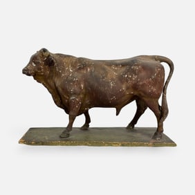 Antique American Folk Art Paper Mache Model of a Standing Bull on Wood Base