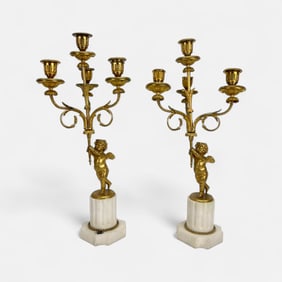 Pair Antique 19thC Empire Ormolu Gilt Bronze & Marble 4-Light Candelabra