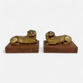 Pair Antique 19thC Carved & Painted Soapstone Lion on Plinth Mirrored Sculptures