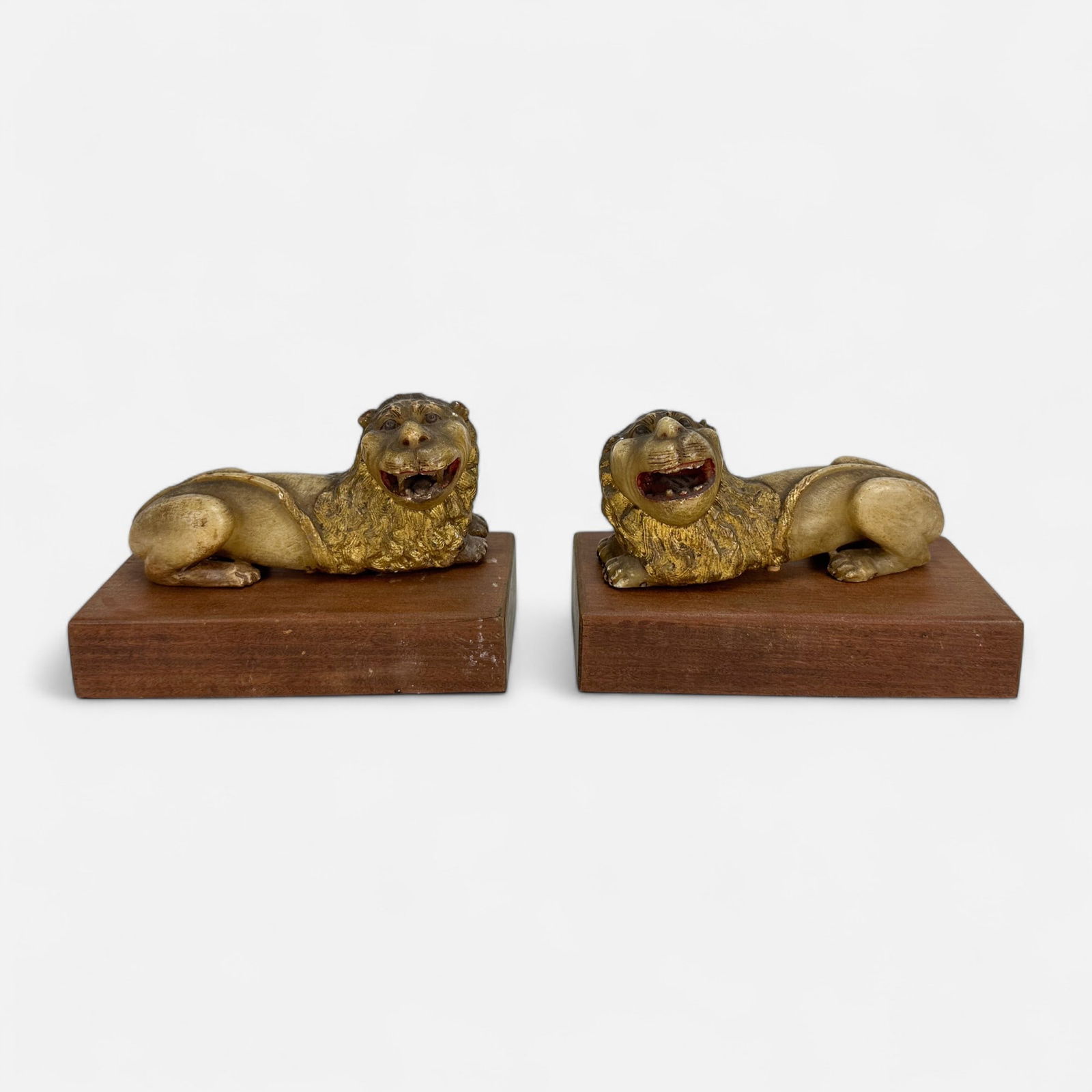 Pair Antique 19thC Carved & Painted Soapstone Lion on Plinth Mirrored Sculptures (1 of 7)