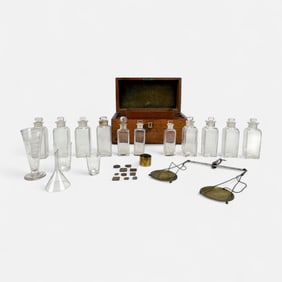 Antique 19thC Walnut Box Traveling Apothecary Chest w/Glass Bottles & Brass Scale