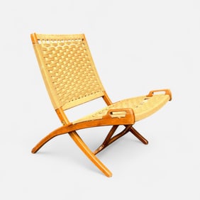 Hans Wegner Style Danish Modern MCM Wood & Rope Folding Lounge Chair