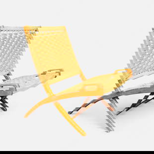 Hans Wegner Style MCM Wood & Rope Folding Lounge Chair: Ca. second half 20thC. Overall good, with age-appropriate scuffs and surface wear. Simple integrated shipping with LiveAuctioneers LiveShipping is now available. Bidders may still arrange their own sh