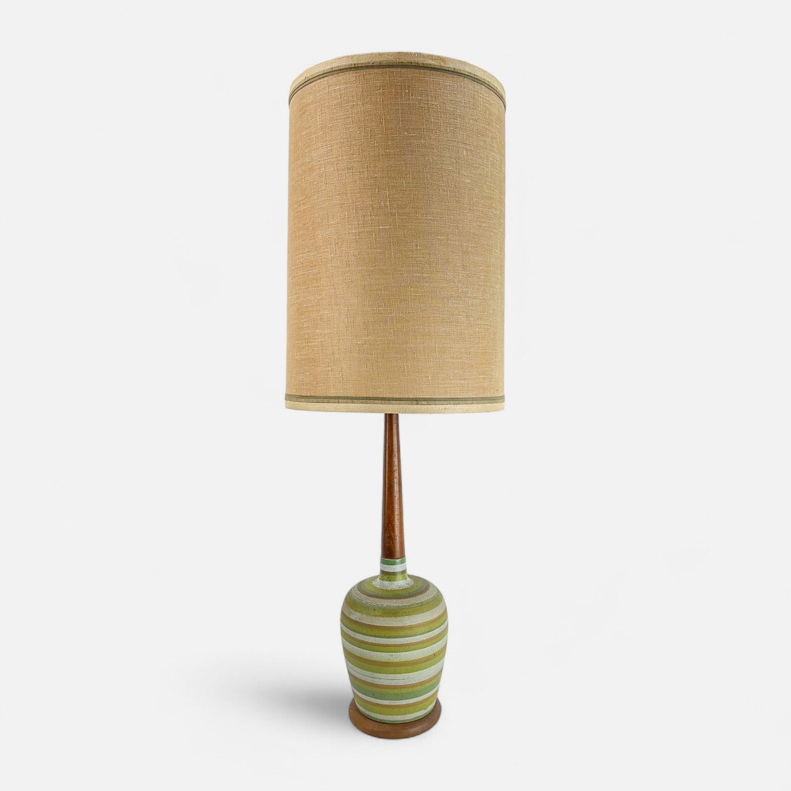 Tall Original Unsigned Martz Style MCM Art Pottery & Teak Wood Table Lamp w/Original Shade (1 of 6)