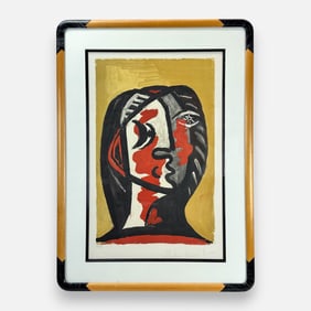 Pablo Picasso (After) "Tete de Femme en Gris et Rouge sur Fond Ochre" Lithograph Framed Print
