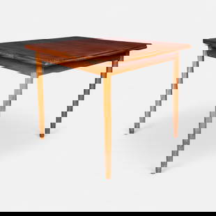 Mid Century Danish Modern MCM Teak Draw-Leaf Dining Table w/Two Leaves: Very good age-appropriate conditon. Included measurements for the closed table. Leaves measure approx. 12 3/4" each. Simple integrated shipping with LiveAuctioneers LiveShipping is now available. Bidd