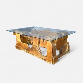 Rene Moncado Abstract Carved Wood & Glass Top Sculptural Coffee Table