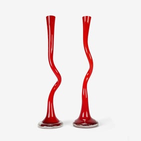 Venini Italian Murano Red Art Glass 20" Twist Vase PAIR