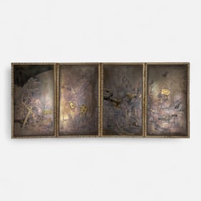 Antique Signed Japanese Meiji Engraved Gilt Copper 4-Panel Table Screen