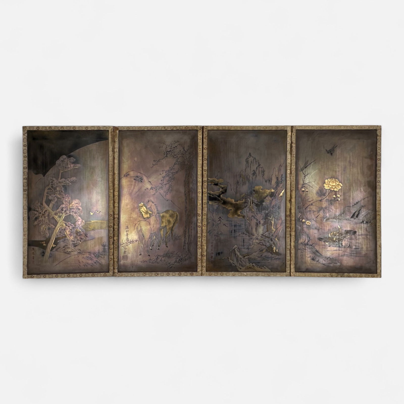 Antique Signed Japanese Meiji Engraved Gilt Copper 4-Panel Table Screen (1 of 8)