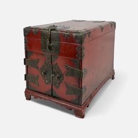Antique 19thC Korean Joseon Lacquered Wood & Iron Cosmetics Box w/Original Strap Hinges
