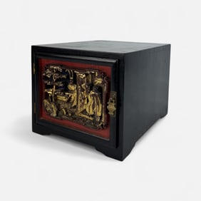Chinese Lacquer Box w/Inset Antique Carved Gilt Wood Panel