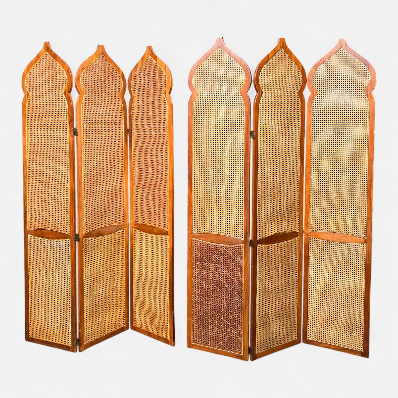 Pair Antique Anglo-Indian Carved Hardwood Rattan Three-Panel Screens (Total Six Panels) (1 of 8)