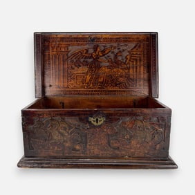 Antique Continental Carved Wood Strongbox Chest w/Astronomy & Nautical Motifs