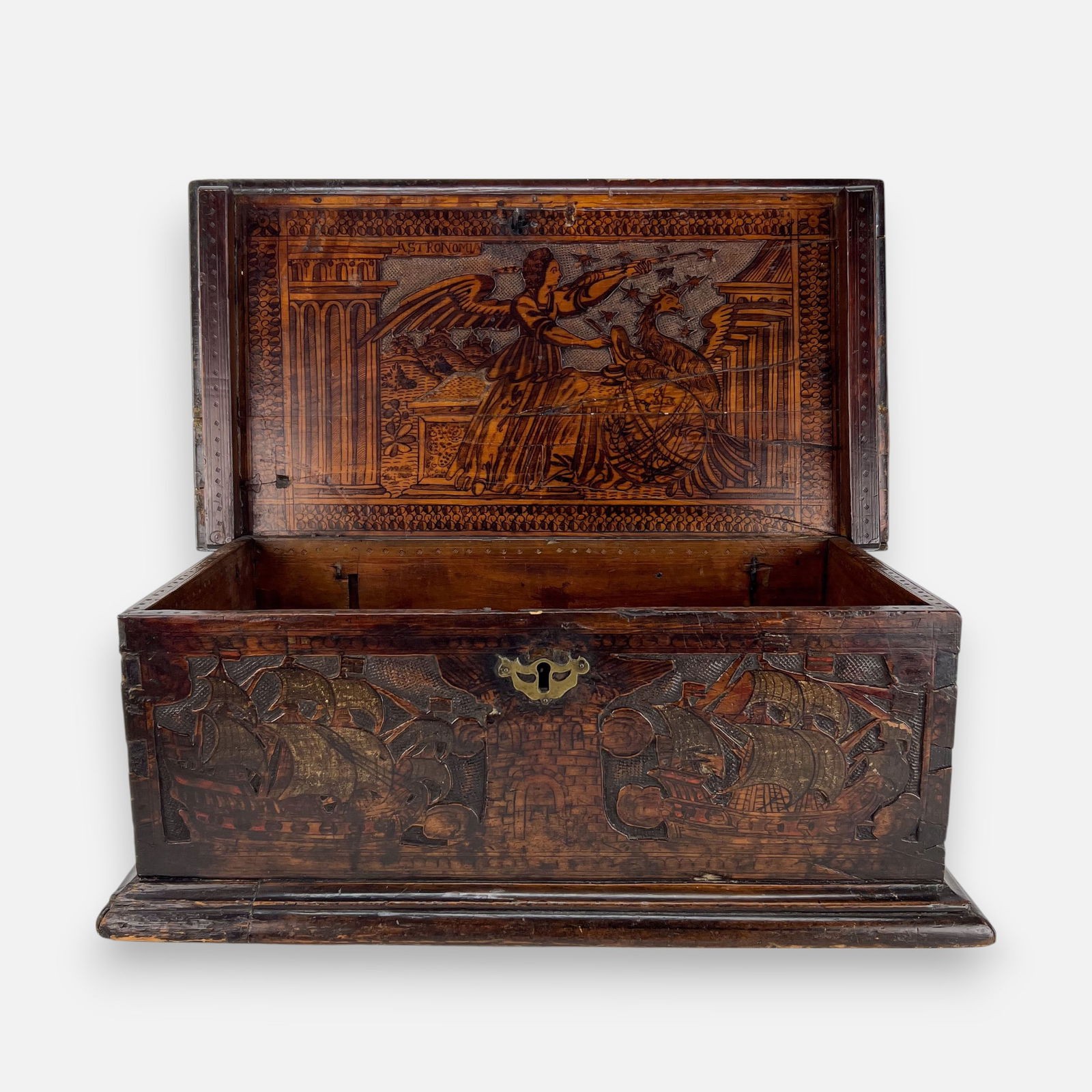 Antique Continental Carved Wood Strongbox Chest w/Astronomy & Nautical Motifs (1 of 8)