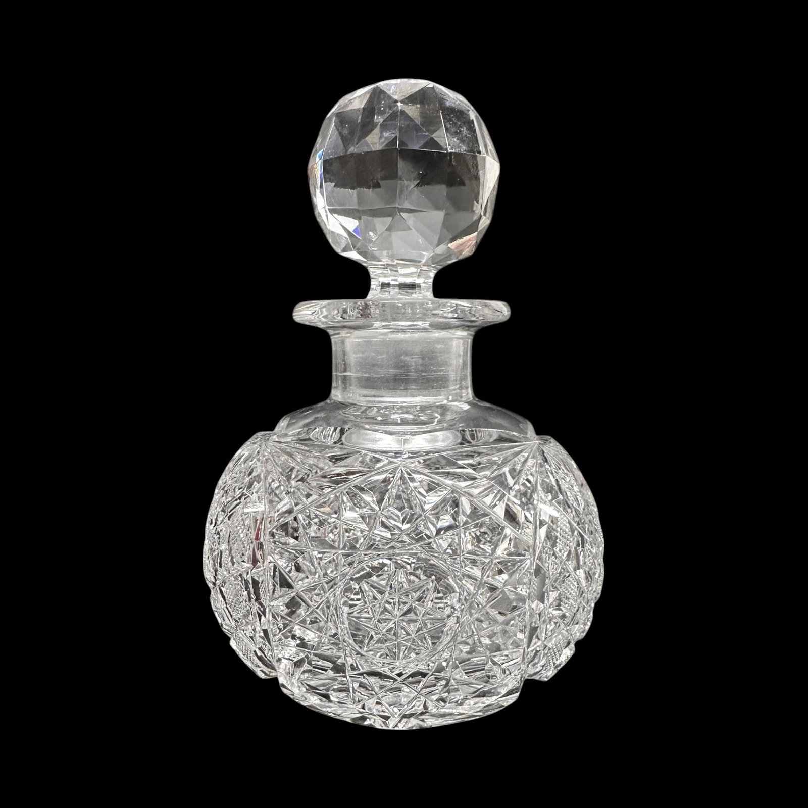 American Brilliant Cut Glass Cologne Bottle: Very good condition. With multiple small surface dings. Otherwise, free of any chips, cracks, or repairs. Simple integrated shipping with LiveAuctioneers LiveShipping is now available. Bidders may sti