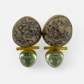 Pair Sam Shaw Agate & Green Quartz Sterling & 18K Yellow Gold Earrings