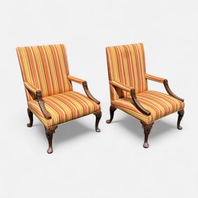 Pair Antique 19thC Lolling Upholstered Armchairs