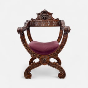 Antique Savonarola Style Hand Carved Mahogany Chair