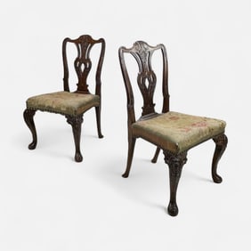 Pair Antique 18thC Carved English Mahogany Chippendale Side Chairs w/Needlepoint Parrot Design Seats