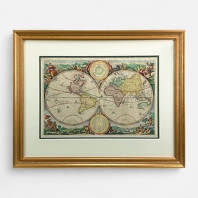 Daniel Stoopendaal Antique 17th/18thC Framed Hand Colored Map of The World #1