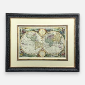 Daniel Stoopendaal Antique 17th/18thC Framed Hand Colored Map of The World #2