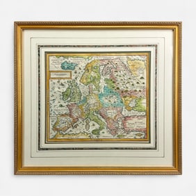 Sebastian Munster Antique 16thC Framed Hand Colored Map of Europe