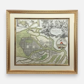 Johann Baptist Homann Antique 18thC Framed Hand Colored Map of St. Petersburg, Russia