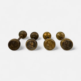 Four Pairs Antique American Cast Brass George Washington Door Knobs w/Connecting Spindles