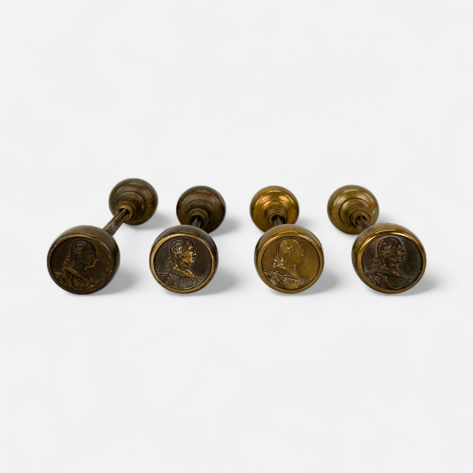 Four Pairs Antique American Cast Brass George Washington Door Knobs w/Connecting Spindles (1 of 7)