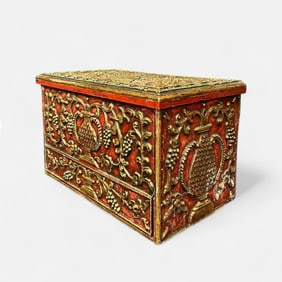 Antique Portuguese Carved & Painted Hardwood Linen Dowry Chest w/Gilt Decorations