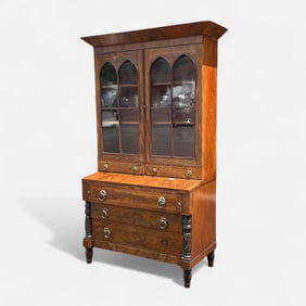 Antique 19thC Empire Carved Mahogany Bookcase Writing Desk