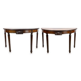 Pair Antique 19thC Carved Walnut Etruscan Revival Oversized Demilune Tables