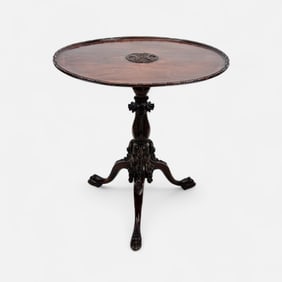 Antique Continental Carved Mahogany Single Board Tilt-Top Table w/Carved Edge & Center