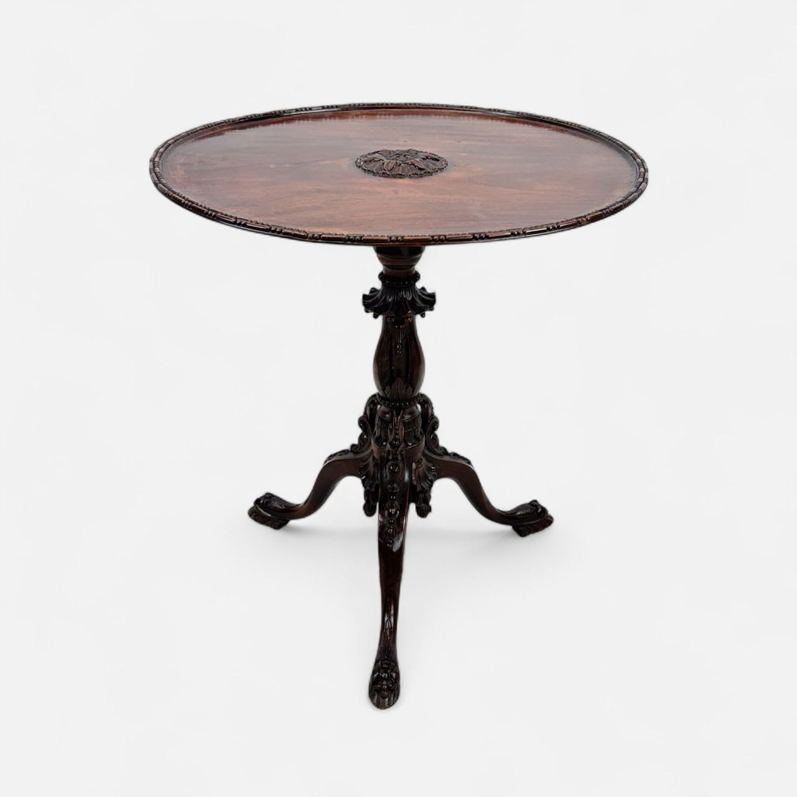 Antique Continental Carved Mahogany Single Board Tilt-Top Table w/Carved Edge & Center (1 of 4)