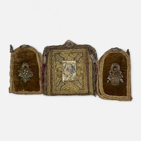 Antique 17thC Reliquary Gold Thread, Stones, and Silk w/Interior Painting & Latin Inscription