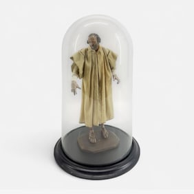 Antique Continental Carved & Painted Wood Santos Figurine of Saint Statue Under Glass Dome