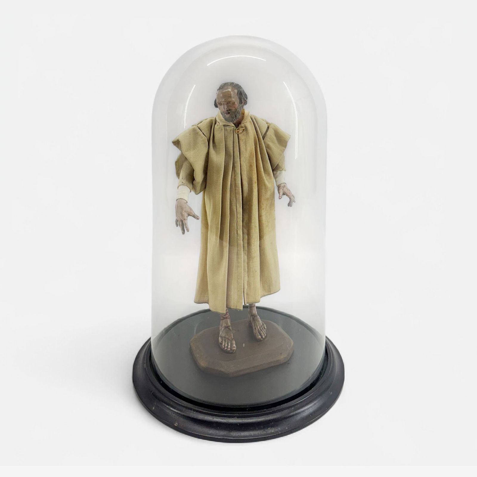 Antique Continental Carved & Painted Wood Santos Figurine of Saint Statue Under Glass Dome (1 of 7)