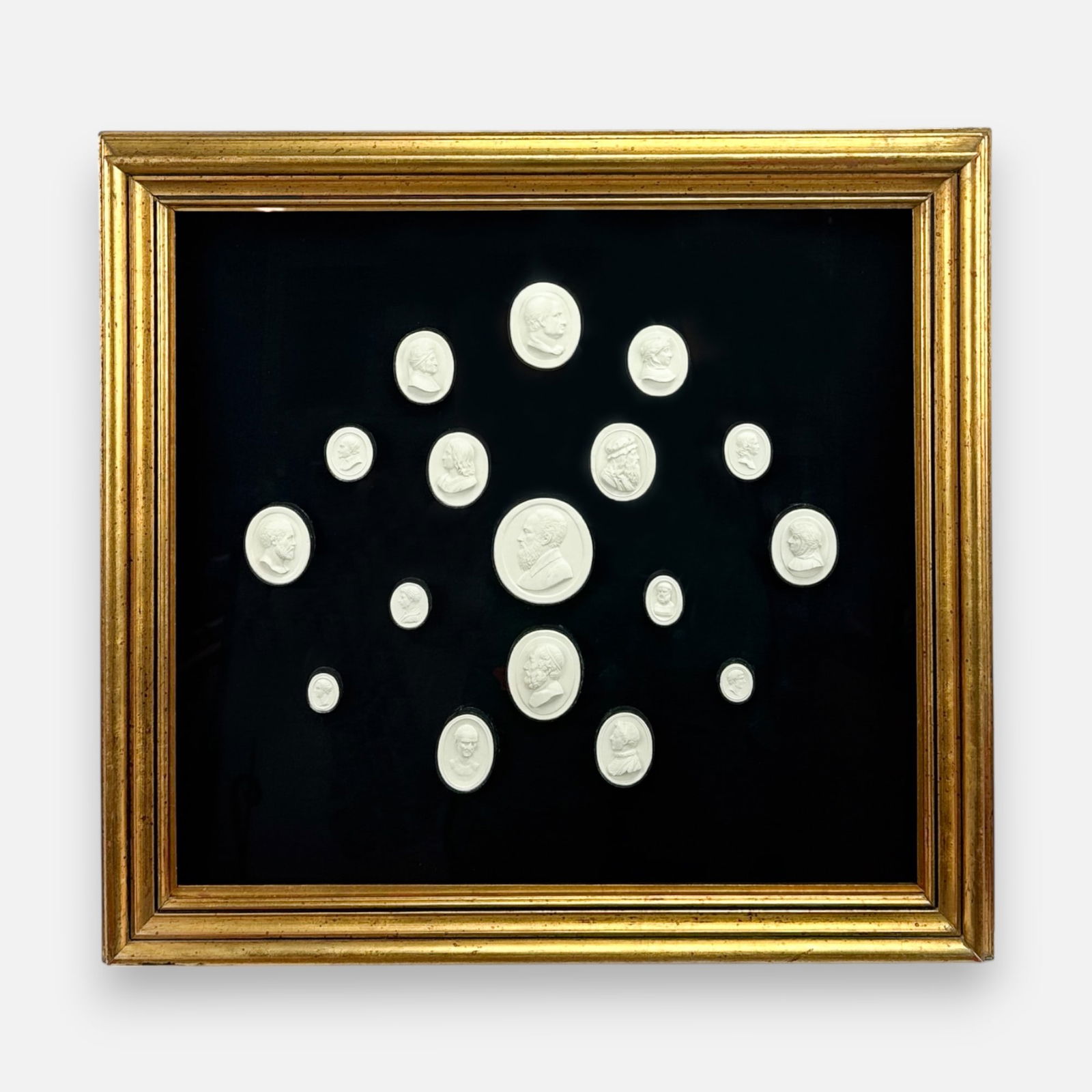 Seventeen Antique Intaglio Molded Plaster Cameos Mounted in Shadowbox Frame (1 of 5)