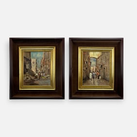 Two Claudio Marro Italian City Scenes Oil on Board Paintings Framed in Shadowbox