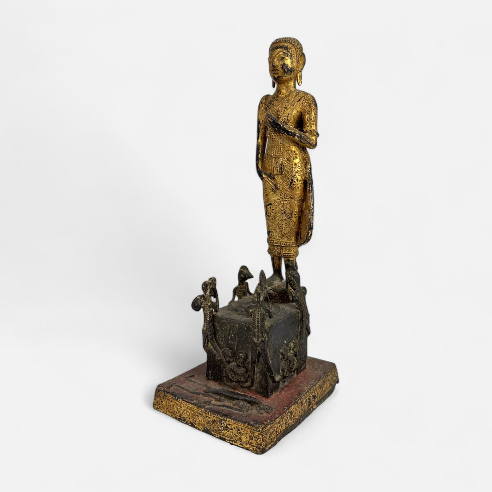 Antique 19thC Thai Phra Malai Visiting Hell Painted Bronze Sculpture: Good overall age-appropriate condition. Break to one praying entities arm. Other minor breaks possible, but not apparent. Simple integrated shipping with LiveAuctioneers LiveShipping is now available.