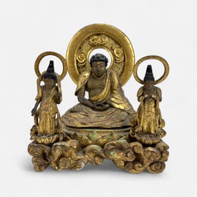 Antique 19thC Carved & Painted Gilt Wood Buddhist Sculpture