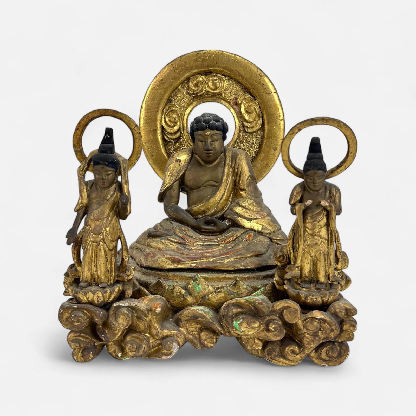 Antique 19thC Carved & Painted Gilt Wood Buddhist Sculpture