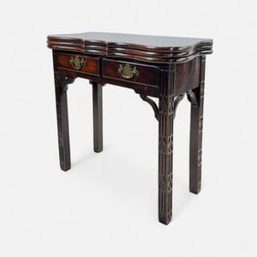 Antique 19thC English Chippendale Triple-Stack Carved Mahogany Game Table Shaped Top