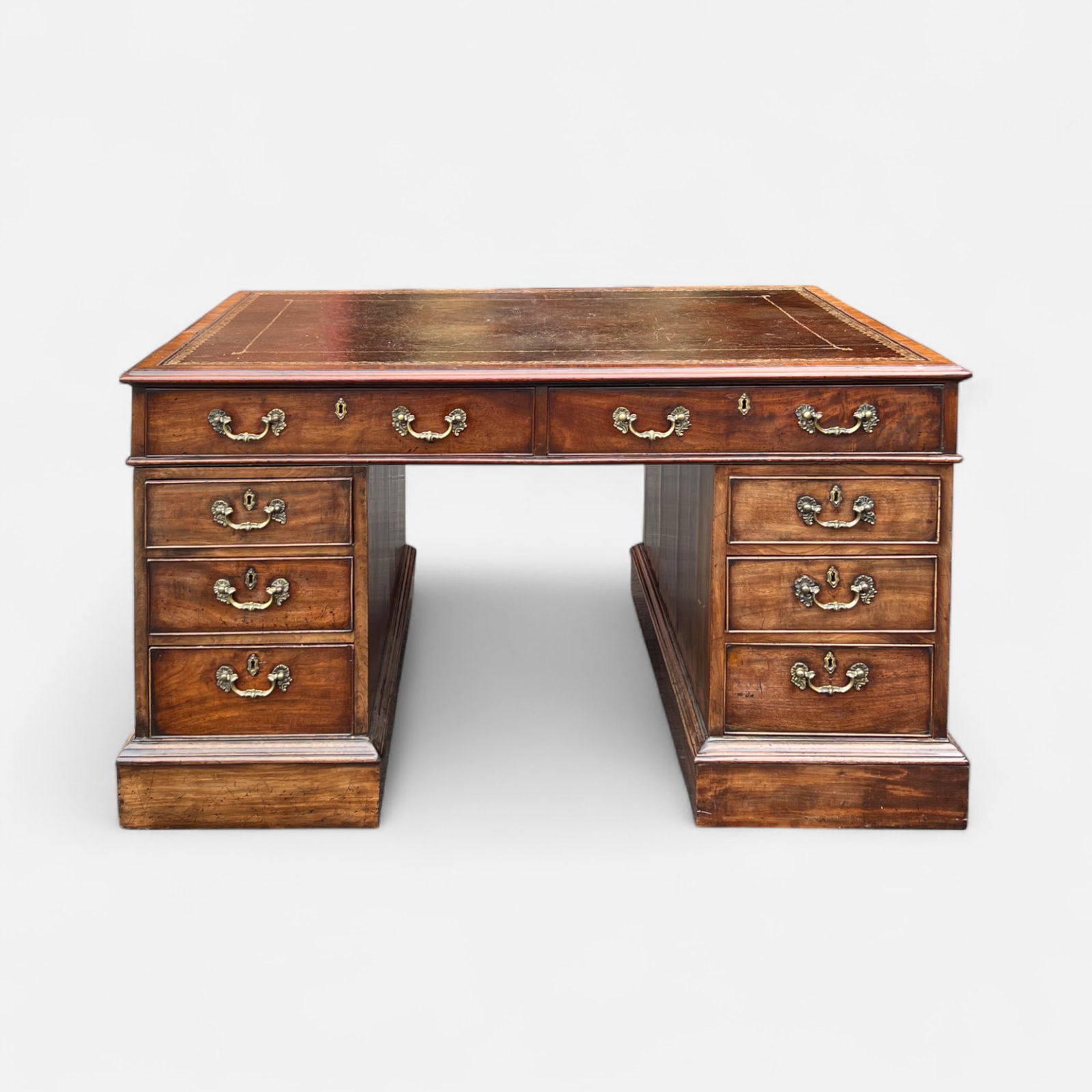 Antique Mahogany Gilt-Stamped Leather Top Kneehole Pedestal Desk w/Eight Drawers (1 of 13)